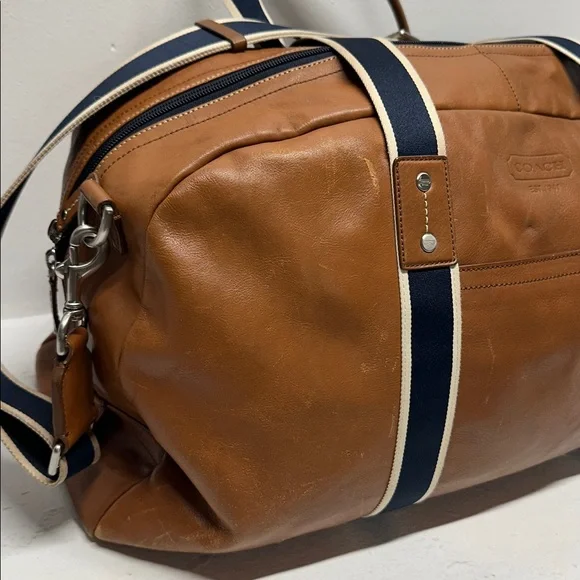 Coach Boston Bag Heritage Duffle Striped Travel 2 Way Shoulder Strap Navy Brown - Picture 4 of 16